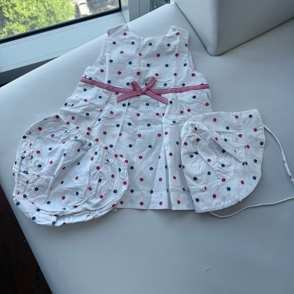 Baby kid set Dress + pants + hat 9/12 months‎ Jacadi sleeveless white